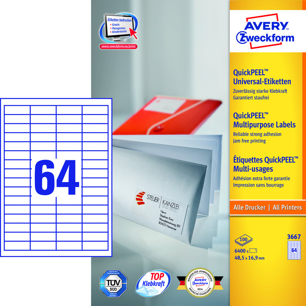 Trwałe Etykiety AVERY ZWECKFORM uniwersalne A4, 100 ark./op., 48,5 x 16