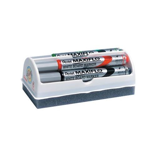 Marker tablicowy PENTEL MAXIFLO 4-kolory + gąbka, okrągłe sucho-ścieralne