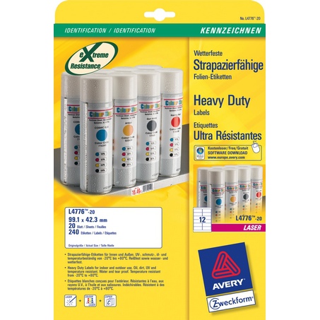 Etykiety ZWECKFORM 97,0 *42,3 poliestrow białe 12szt/A4/20ark.w opk.LK wodoodpor