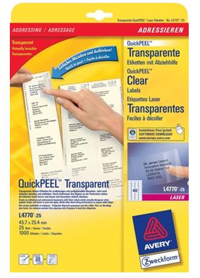 Etykiety AVERY ZWECKFORM adresowe przezroczyste A4, 25 ark./op. 45,7 x 25