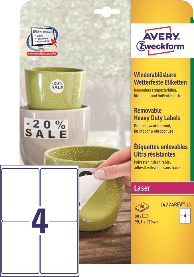 Usuwalne etykiety Heavy Duty Avery Zweckform A4L4774REV-20 usuwal. 99.1x13