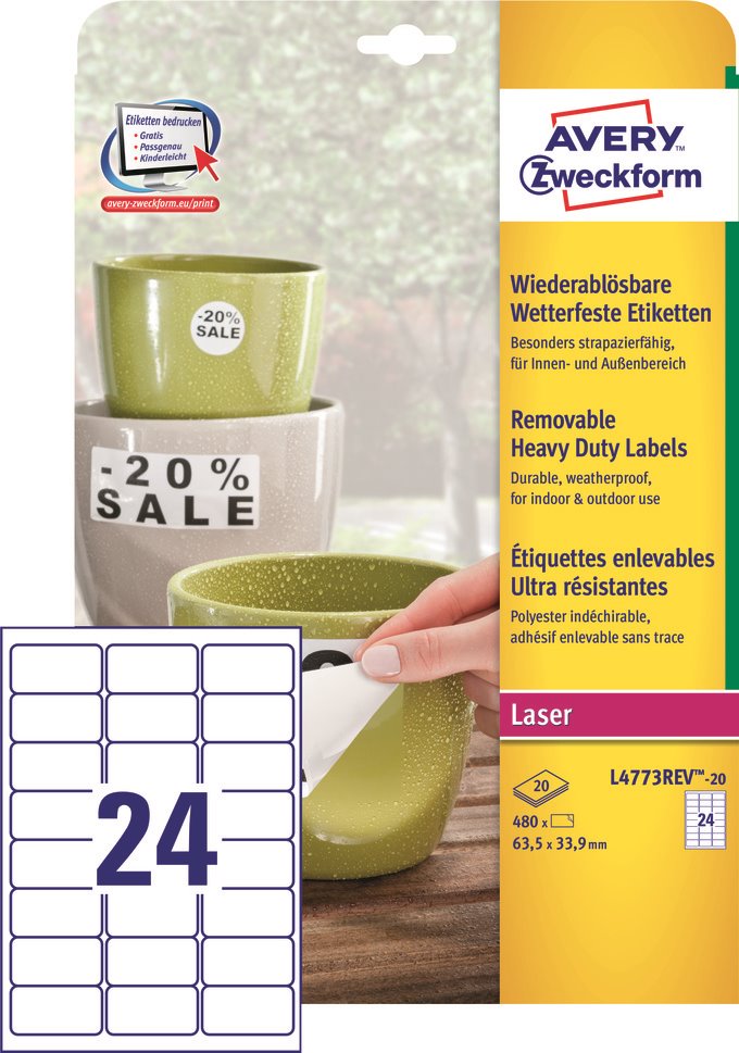 Usuwalne etykiety Heavy Duty Avery biale Zweckform A4 L4773REV-20 63.5x33.9